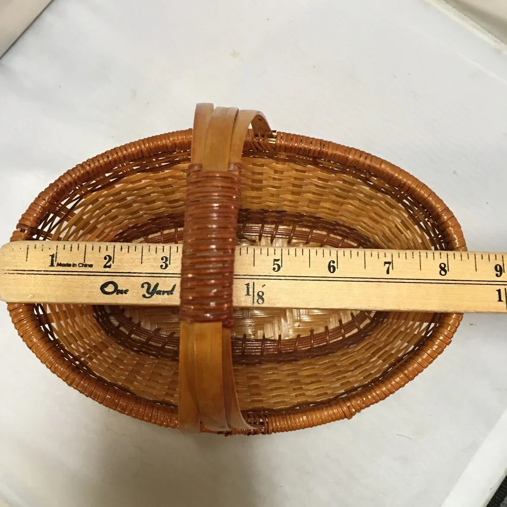 Woven Wicker Basket Home Decor Small Brown Two Tone Oval Handle Farmhouse